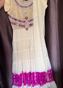 Elegant White and Purple Anarkali Dress