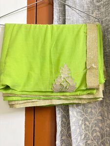 Vibrant Green Saree with Golden Border