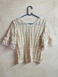 Trendy See-through Lace Flutter Sleeve Blouse