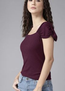 Maroon Puff Sleeve Ribbed Top