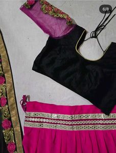 Vibrant Pink &amp; Black Embroidered Lehenga Set