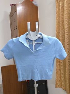 Style Union Powder Blue Ribbed Crop Polo Top