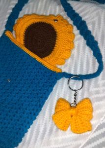 Handmade Crochet Blue Bag with Sunflower