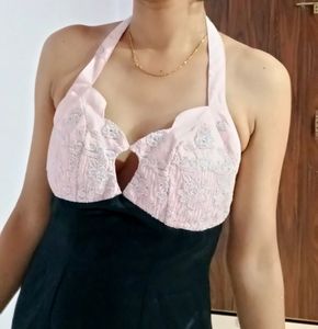 Light Pink Padded Halter Neck Black Dress