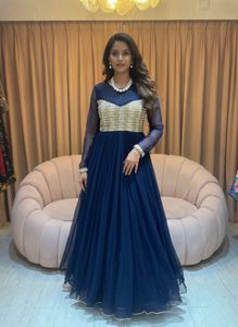 Elegant Navy Blue Embroidered Gown