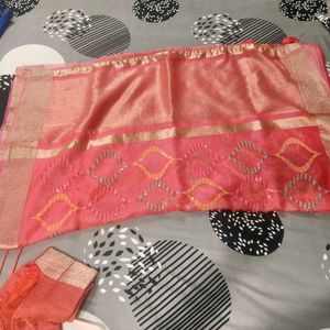 Elegant Coral Saree with Sequins