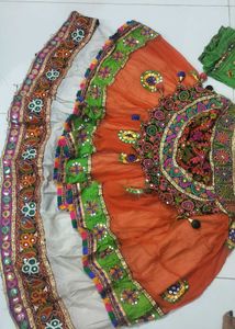 garba dress orange white Vibrant Embroidered Lehen