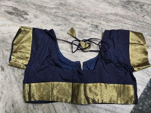 Elegant Navy Blue Blouse with Gold Border