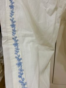 White Palazzo Pants with Blue Embroidery