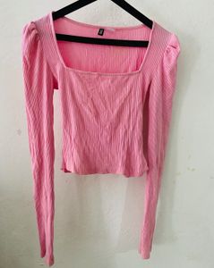 Pink Ribbed Square Neck Puff Sleeve Top