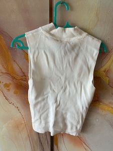 White Ribbed Zip-Up Top