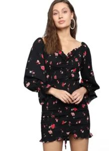 Black Floral Print Ruched Dress