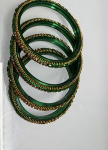 Green Glass Bangles with Gold Embellishments
