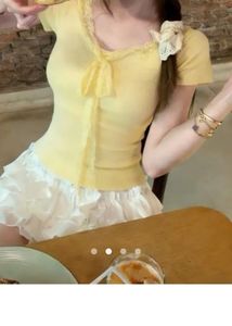 Cute Yellow Lace Trim Crop Top