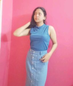Classic Light Wash Denim Midi Skirt