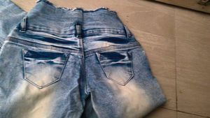 Denim Distressed Shorts with Button Detail