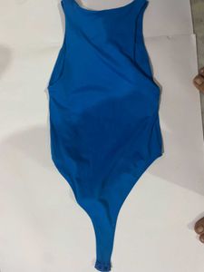 zara Blue Ribbed Racerback Bodysuit