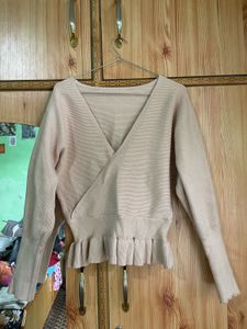 Soft Pink Ruffled Wrap Sweater