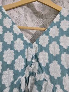 Teal &amp; White Block Print Kurta Set