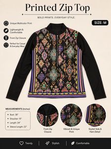 Printed Zip Front Long Sleeve Top