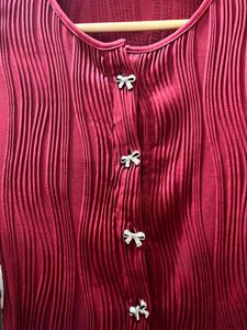 Red Textured Bow Button Top