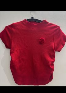 Red Cropped Top with Rose Detail