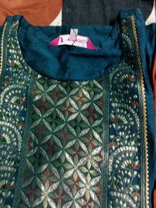 original brand Embroidered Kurta  - Teal &amp; Ora