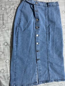 Light Wash Denim Button-Front Midi Skirt
