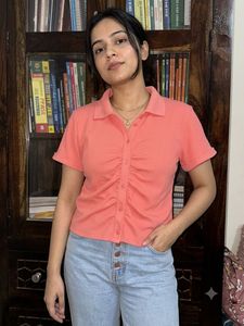 Coral Ruched Button-Up Crop Top