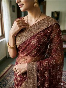 Maroon Embroidered Net Saree