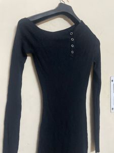 Black Ribbed Button Detail Off-Shoulder Dress