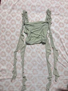 Sheer Ruched Crop Top with Draping Sleeves