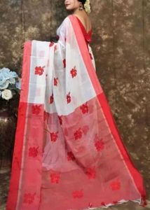 Elegant White &amp; Red Floral Saree