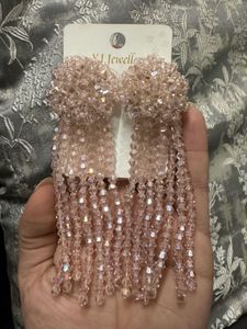 Beaded Baby Pink Tassel Earrings