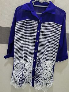 Chic Blue Sheer Tunic Top with Lace Detail