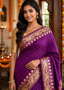 Vibrant Purple Saree with Gold Border