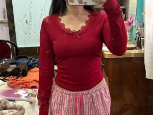 Red Long Sleeve Lace Trim Top