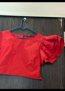 Zara Red Crop Top with Flutter Sleeves