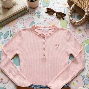 Cute Pink Ribbed Long Sleeve Top