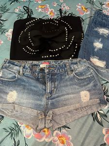 Distressed Denim Shorts &amp; Embellished Top