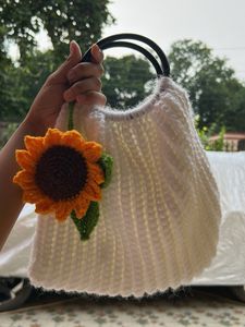 Crocheted White Handbag with Sunflower Charm