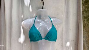 I. Teal Textured Triangle Bikini Top