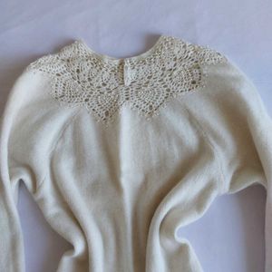 Cream Lace Detail woolen Knit Sweater