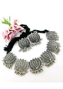 Oxidized Silver Lotus Necklace & Earrings Set