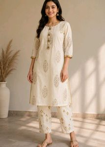 Cream Kurta Set with Golden Print