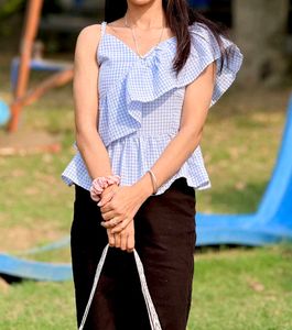 Chic Blue Gingham Ruffle Top
