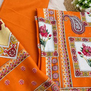 Vibrant Orange Floral Print Dress Material