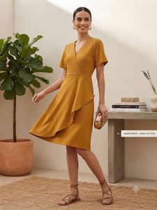 Mustard Yellow Wrap Dress with Ruffle Detail