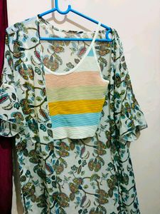 Boho Floral Kimono with Striped Tank Top