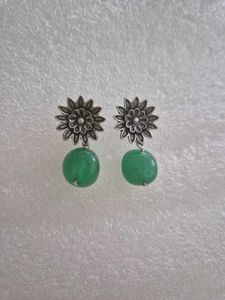 Silver Flower & Green Stone Earrings